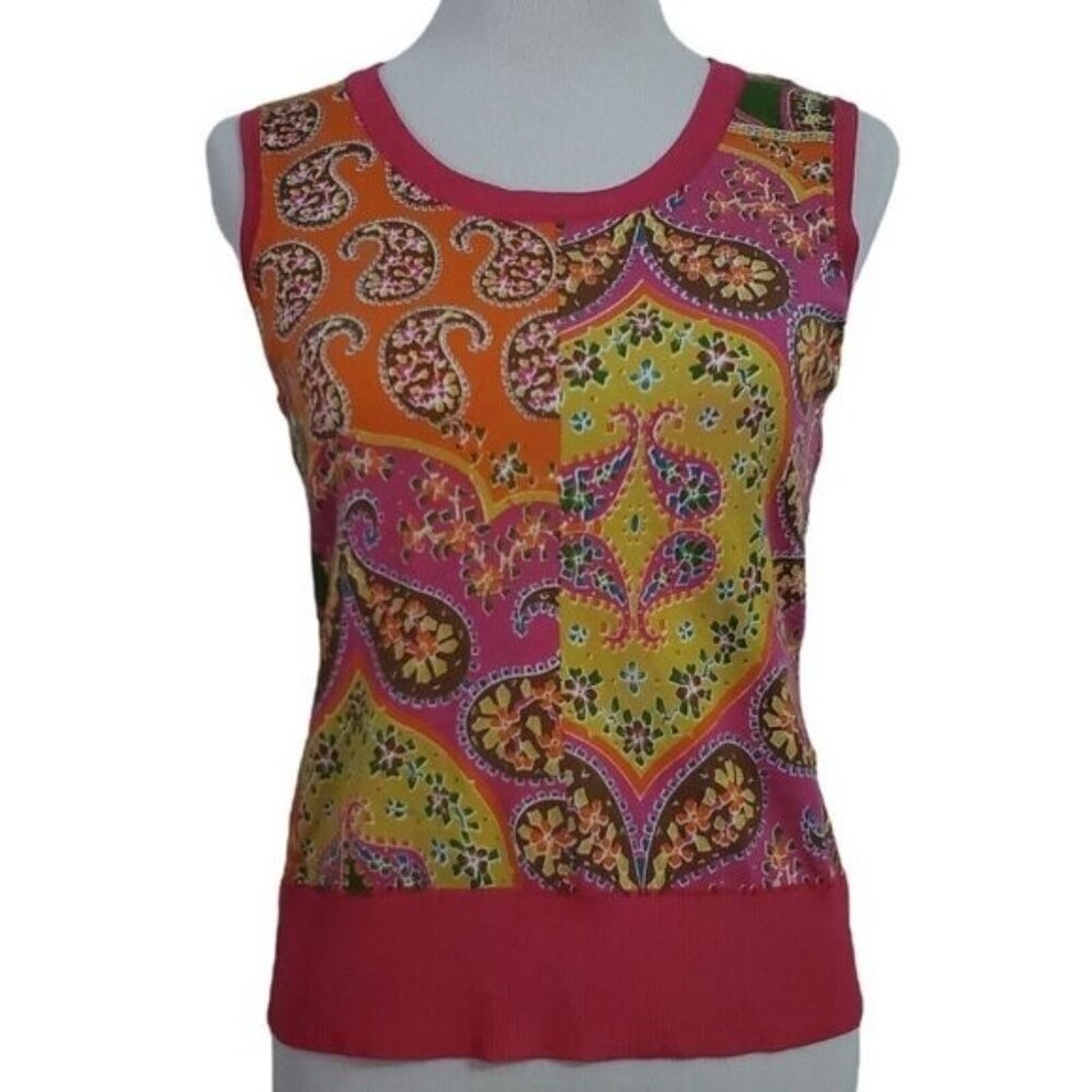 Peter Nygard Sweater Top Medium Petite Sleeveless Paisley Bright Retro